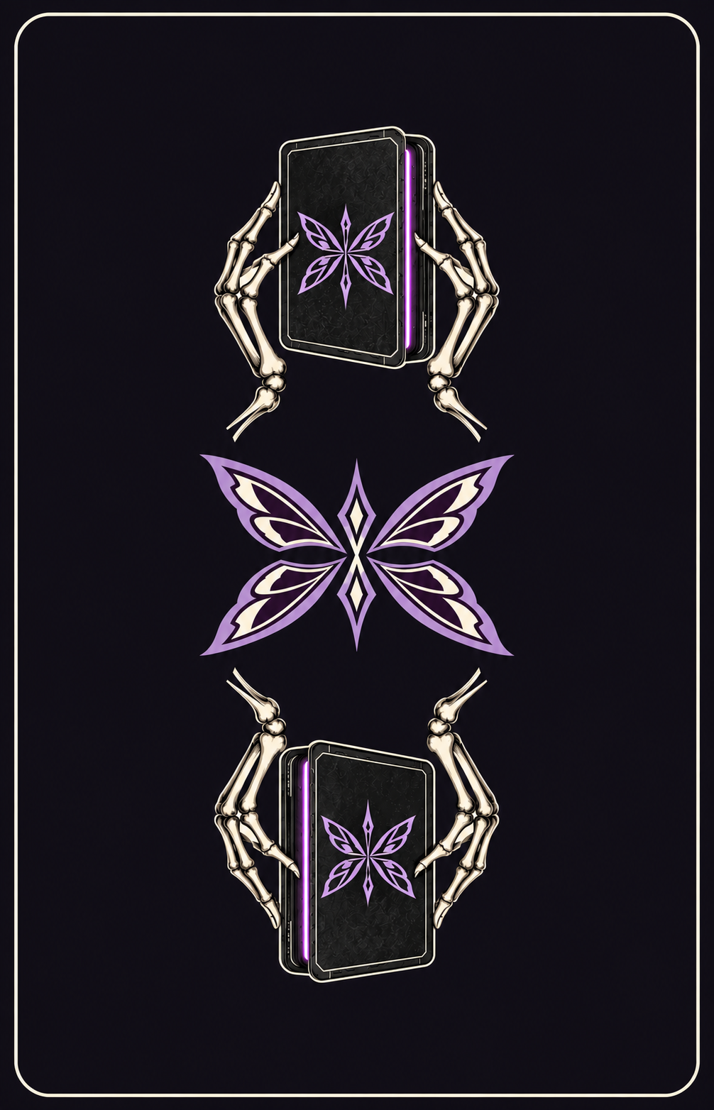 Dark shared card-back concept with two digital codexes bearing violet moth sigils, ivory skeletal hands and a central moth emblem.