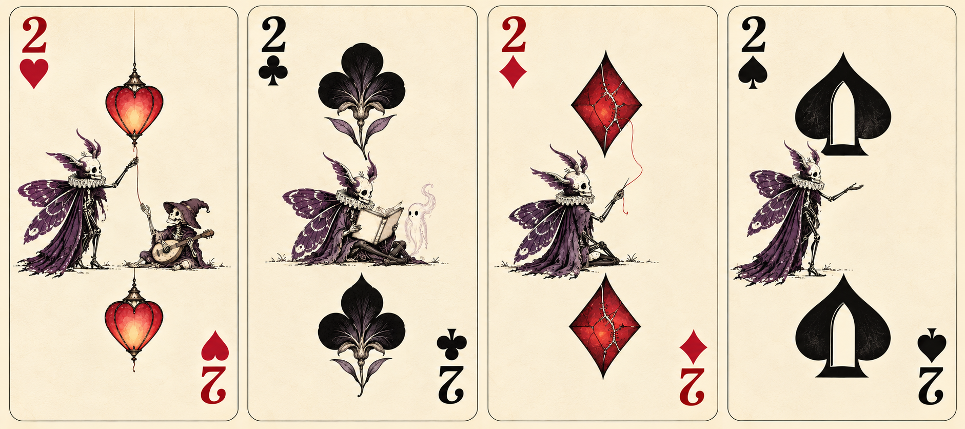 Four minimalist transformation-card concepts: heart lanterns, club flowers, stitched diamond panes and open spade doorways.
